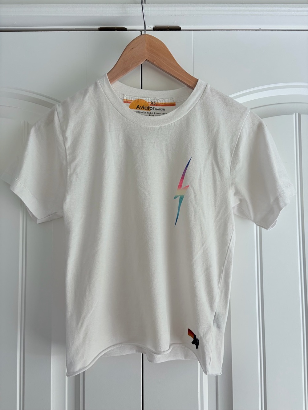 Aviator Nation Lightning Bolt Boyfriend Cropped T Shirt Womens Size XS White